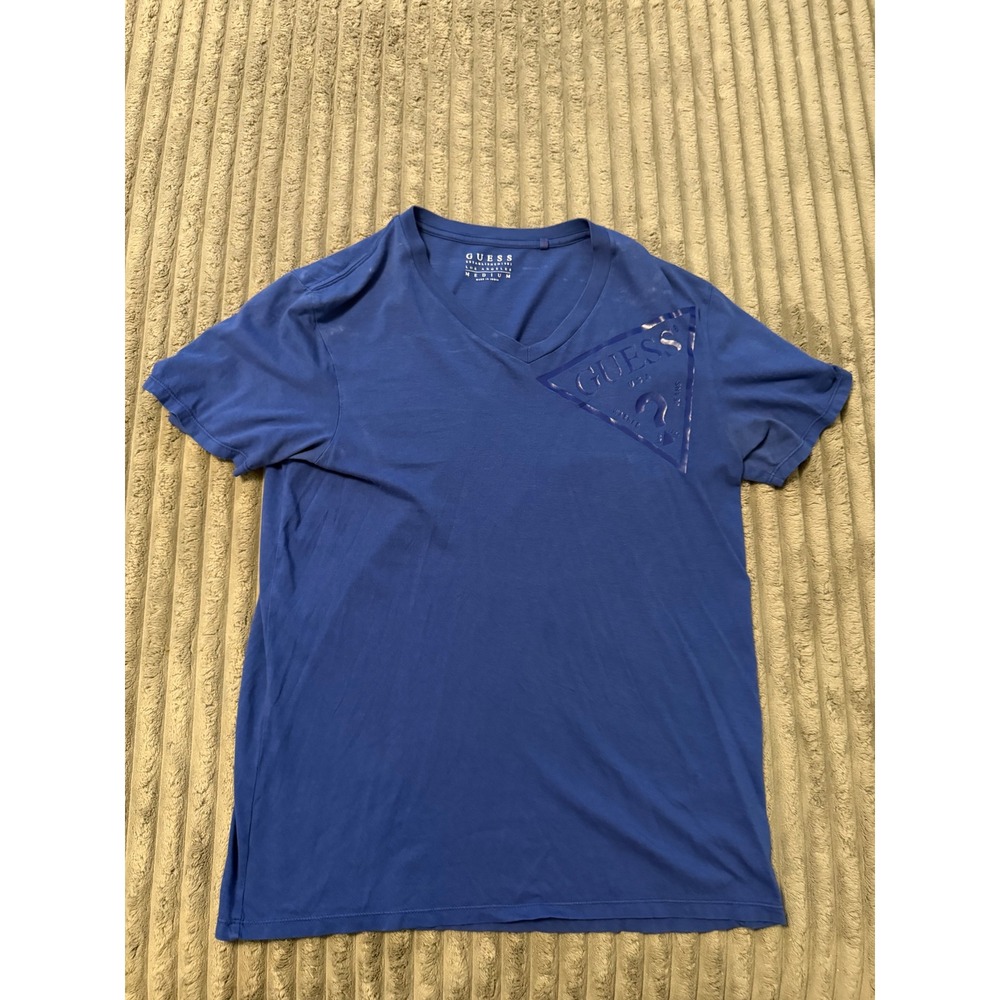 Guess Jeans USA Mens Blue V-Neck T-Shirt Large Tonal Triangle Logo Size Medium